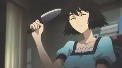 Kurisu holding a knife while Okabe points