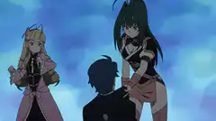 Two girls grab a boy's shoulders