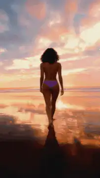 Woman walking on beach at sunset