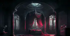 Dark gothic bedroom with red curtains