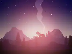 Starry night landscape with cabin and smoke
