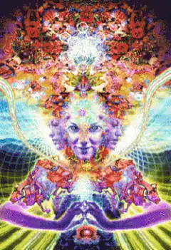 Psychedelic mandala face with wings