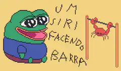 Pepe doing a pull-up with a crab