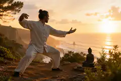 man doing tai chi on cliff at sunset