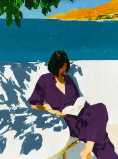 Woman reading in purple by the sea