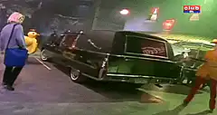 Duck mascot walks past hearse