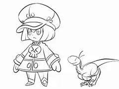 Chibi character and dinosaur sketch