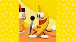 Banana character singing into microphone