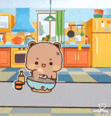 Brown bear cooking in kitchen