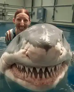 Woman hugs shark head in pool
