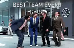 Four men jump in celebration