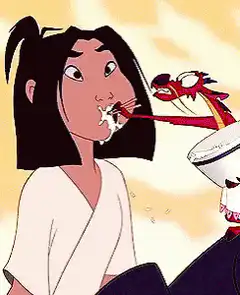 Mushu feeding Mulan noodles