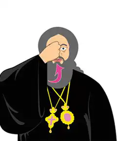 Bearded man facepalms then points