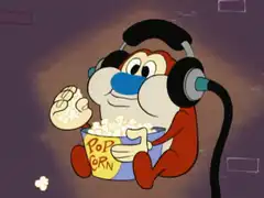 Smurf eating popcorn with headphones