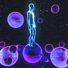Neon silhouette dancing on planets