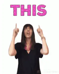 Woman pointing up at THIS