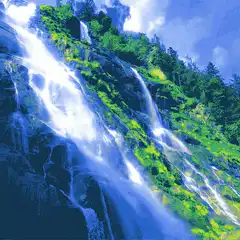 Stylized waterfall on green cliff