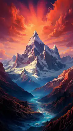 Snowy mountain peak at sunset