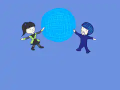 Two characters push a globe then pose with text