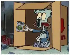 Squidward in a box with a mug