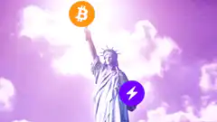 Statue of Liberty with Bitcoin and Lightning logos