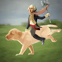 George Washington riding a dog with an axe