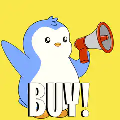 Blue penguin with megaphone says buy