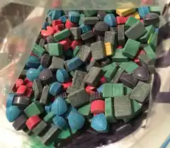 Colorful Lego-shaped candies in a bag