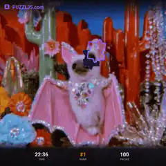 puzzle game with dog in pink bat costume