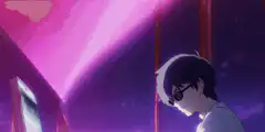 Anime boy with glasses in purple light
