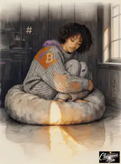 Girl hugging Bitcoin plushie