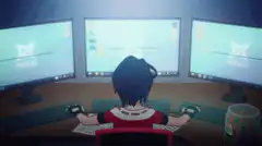 anime character typing on three monitors