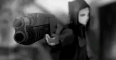Girl with shotgun in black and white