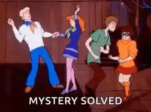 Scooby-Doo gang dancing with mystery solved text