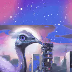 Painted ostrich head over city at night