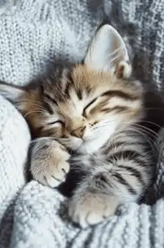 Sleepy tabby kitten rubbing eyes