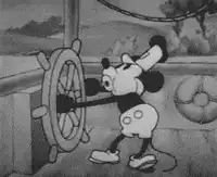 Mickey Mouse steering a ship
