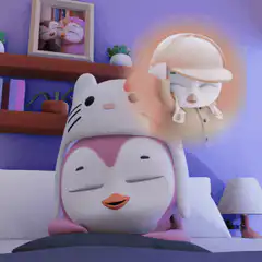 Penguin wearing cat hat with ghost penguin