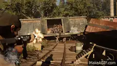 Joel shooting zombies on train tracks