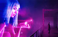 Neon woman points at distant figure