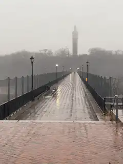 foggy bridge with tower