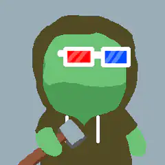 Green character with 3D glasses and hammer