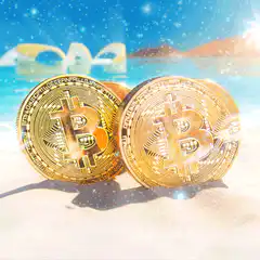 Bitcoin coins on a beach