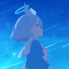 Blue-haired angel girl looking up at stars