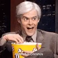 Bill Hader eating popcorn excitedly