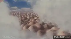 Man running on a field of breasts