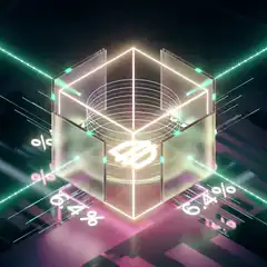 Neon crypto cube with dollar coin