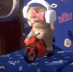 Kitten on red motorcycle with headphones