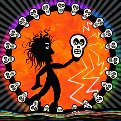 Silhouette holding skull in rainbow circle