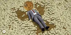 Bitcoin man lying in money